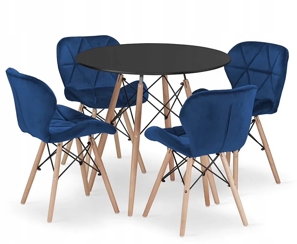 Table ronde noire VALORA KOVA 80 avec 4 chaises bleu marine WAKO