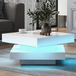 Table salon carree blanche finition brillante plateau rotatif LED 16 couleurs 70x70x36 cm style moderne techno