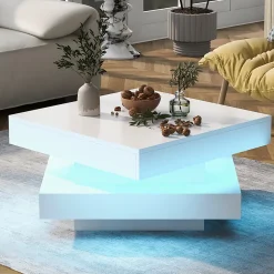 Table salon carree blanche finition brillante plateau rotatif LED 16 couleurs 70x70x36 cm style moderne techno