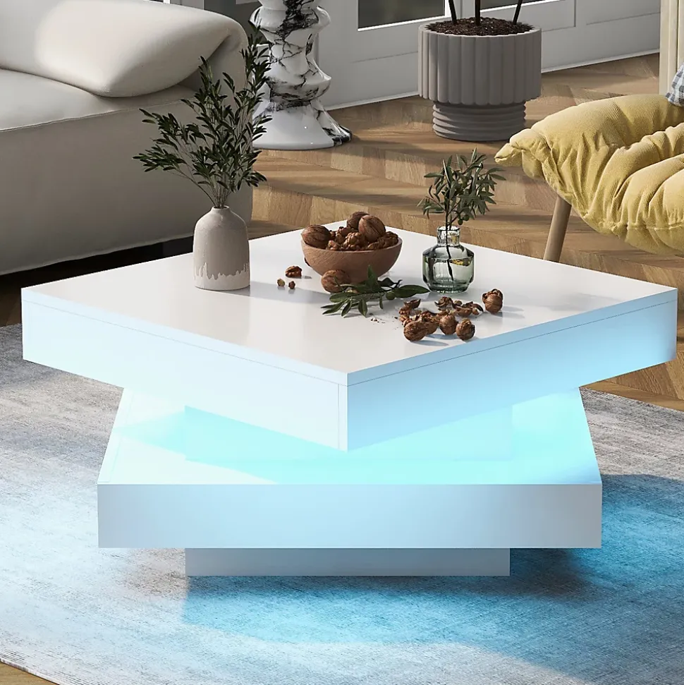 Table salon carree blanche finition brillante plateau rotatif LED 16 couleurs 70x70x36 cm style moderne techno