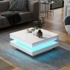 Table salon carree blanche finition brillante plateau rotatif LED 16 couleurs 70x70x36 cm style moderne techno