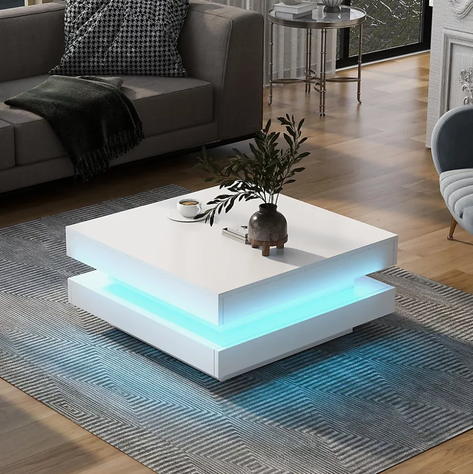 Table salon carree blanche finition brillante plateau rotatif LED 16 couleurs 70x70x36 cm style moderne techno