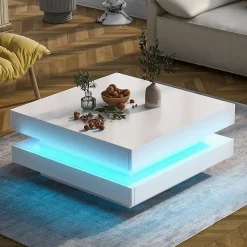 Table salon carree blanche finition brillante plateau rotatif LED 16 couleurs 70x70x36 cm style moderne techno