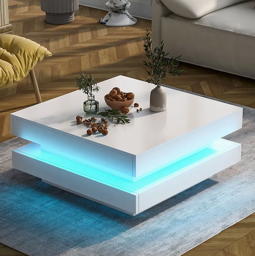 Table salon carree blanche finition brillante plateau rotatif LED 16 couleurs 70x70x36 cm style moderne techno