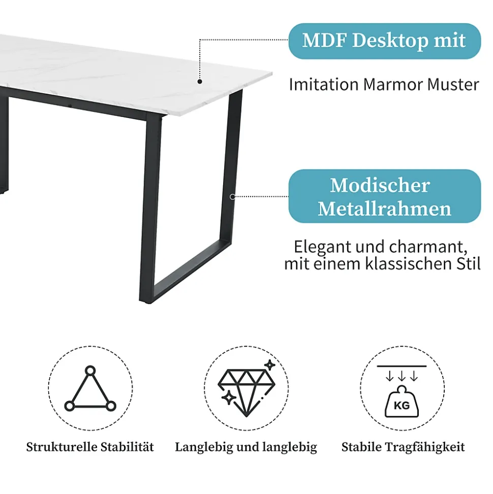 Table télescopique 140-180x80 cm avec plateau MDF et pieds en métal - Effet marbre blanc