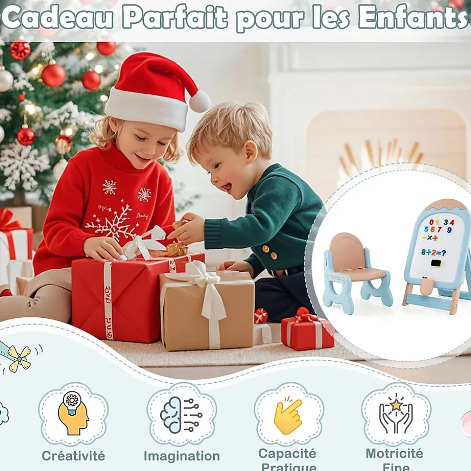 Tableau Enfants Pliant avec Tabouret Enfant, Chevalet Enfants à Hauteur Ajustable Tableau Blanc Effaçable, pour 1+ Ans (Bleu)
