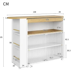 Tables Bar / Îlot de Cuisine Extensible Moderne avec LED Intégrée et Rangement, Solide MDF et Métal, Blanc, 138-204x39x105 cm