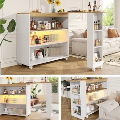 Tables Bar / Îlot de Cuisine Extensible Moderne avec LED Intégrée et Rangement, Solide MDF et Métal, Blanc, 138-204x39x105 cm