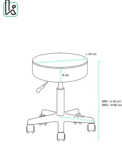 Tabouret à roulettes siège rond simili rembourré pivotant hauteur réglable ye (noir)