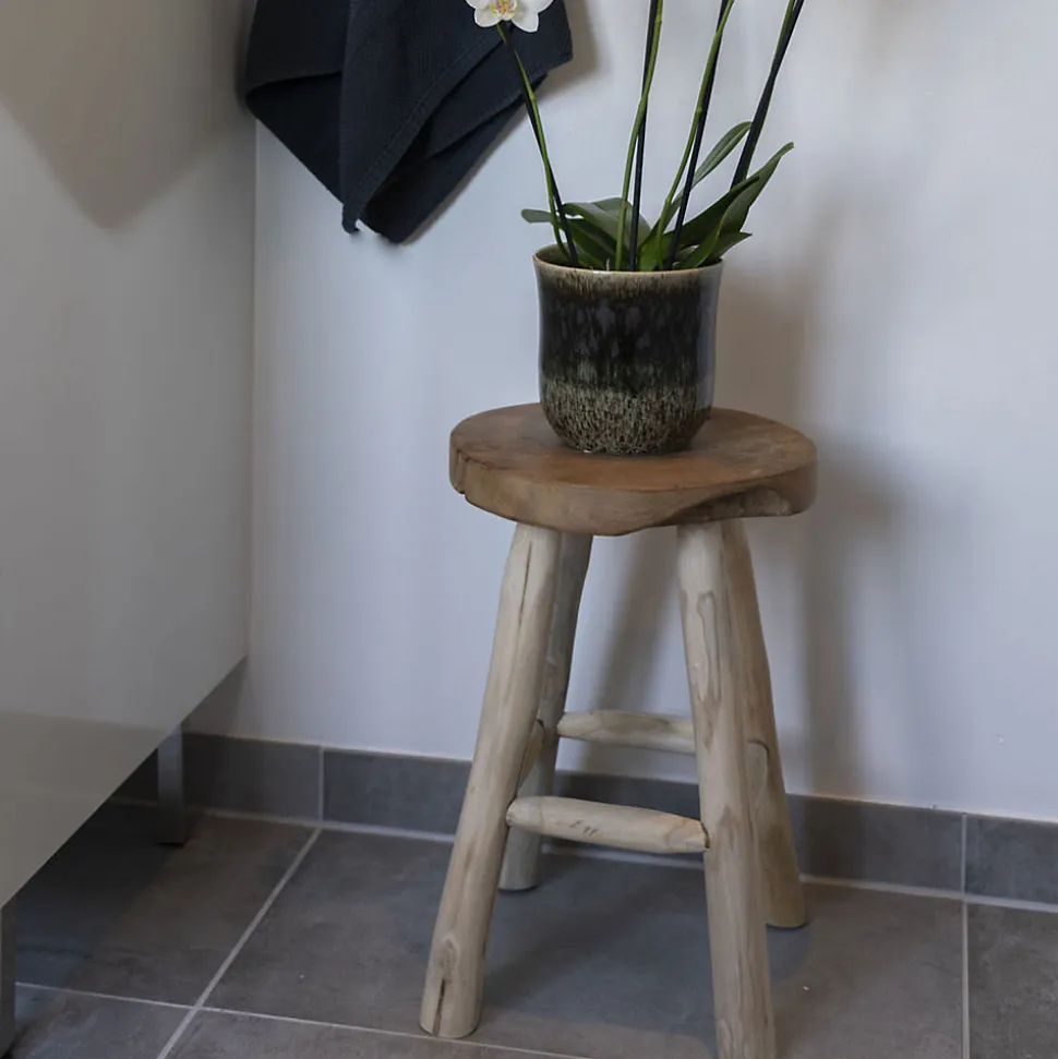 Tabouret Badia en Teck Naturel - Design Élégant et Pratique, Diam.30x45 cm avec 4 Pieds Stables