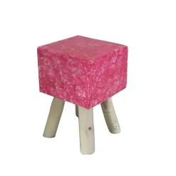 Tabouret carré 30 x 30 cm en bois de teck et nacre rose - GOODY