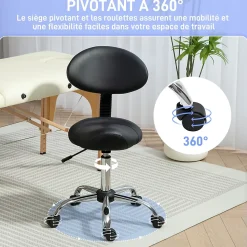 Tabouret de massage ergonomique dossier enveloppant - hauteur réglable, pivotant - piètement acier synthétique noir