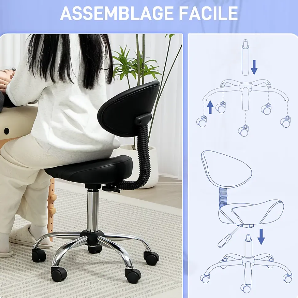 Tabouret de massage ergonomique dossier enveloppant - hauteur réglable, pivotant - piètement acier synthétique noir