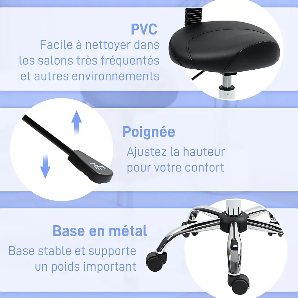 Tabouret de massage ergonomique dossier enveloppant - hauteur réglable, pivotant - piètement acier synthétique noir
