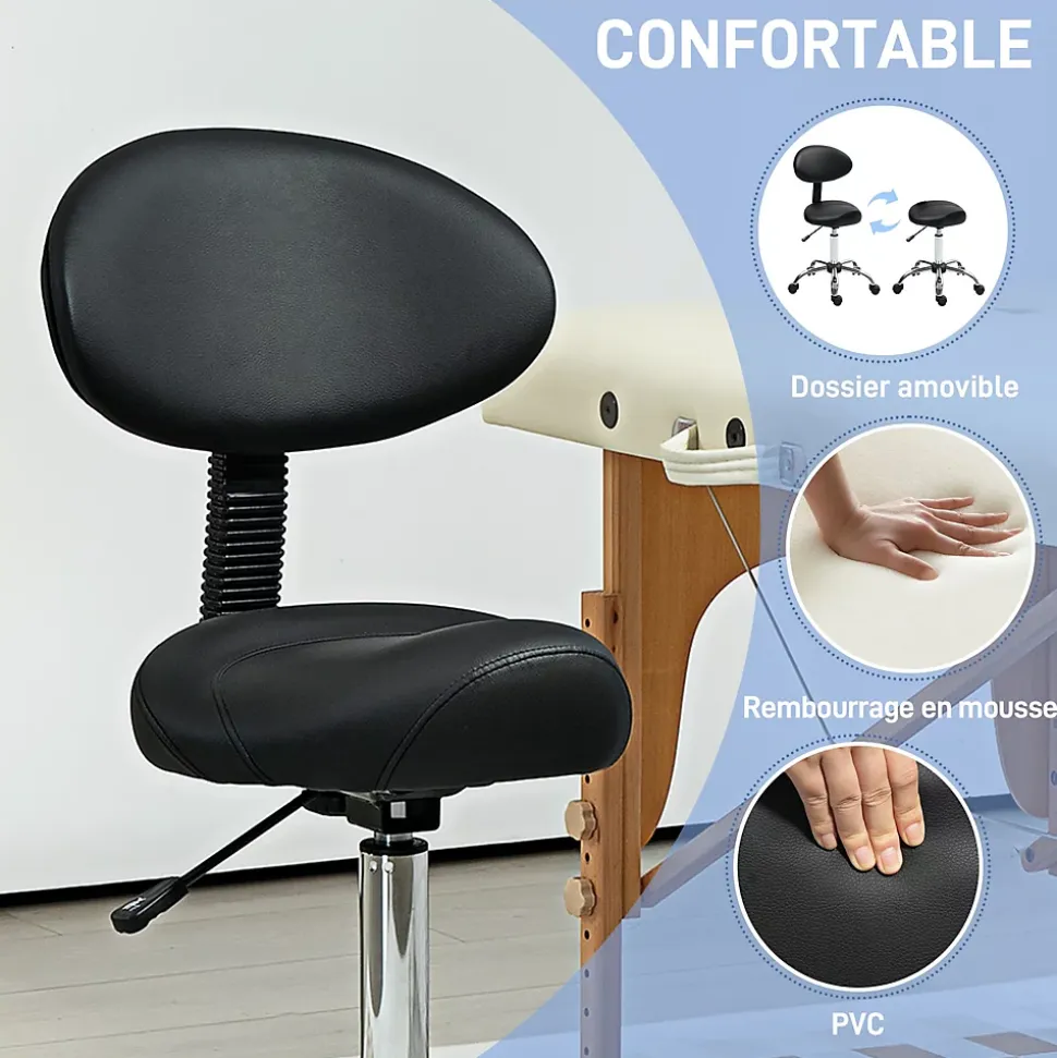 Tabouret de massage ergonomique dossier enveloppant - hauteur réglable, pivotant - piètement acier synthétique noir