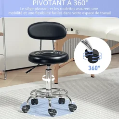 Tabouret de massage style néo-rétro avec dossier assise ronde acier chromé noir