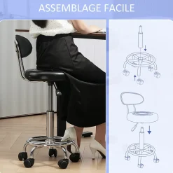 Tabouret de massage style néo-rétro avec dossier assise ronde acier chromé noir