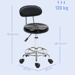 Tabouret de massage style néo-rétro avec dossier assise ronde acier chromé noir