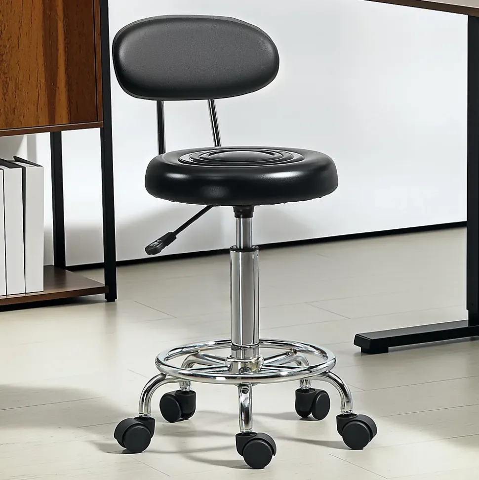 Tabouret de massage style néo-rétro avec dossier assise ronde acier chromé noir