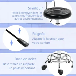Tabouret de massage style néo-rétro avec dossier assise ronde acier chromé noir