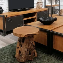 Tabouret en bois de teck plateau rond et piètement racine - DAPHNE 02