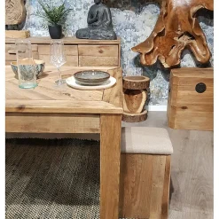 Tabouret en bois massif recyclé et tissu rembourré beige - CHALET