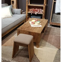 Tabouret en bois massif recyclé et tissu rembourré beige - CHALET