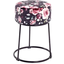 Tabouret en Velours "Motif Fleurs" 46cm Noir & Rose