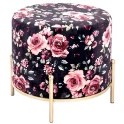 Tabouret en Velours "Motif Fleurs" 48cm Noir & Rose