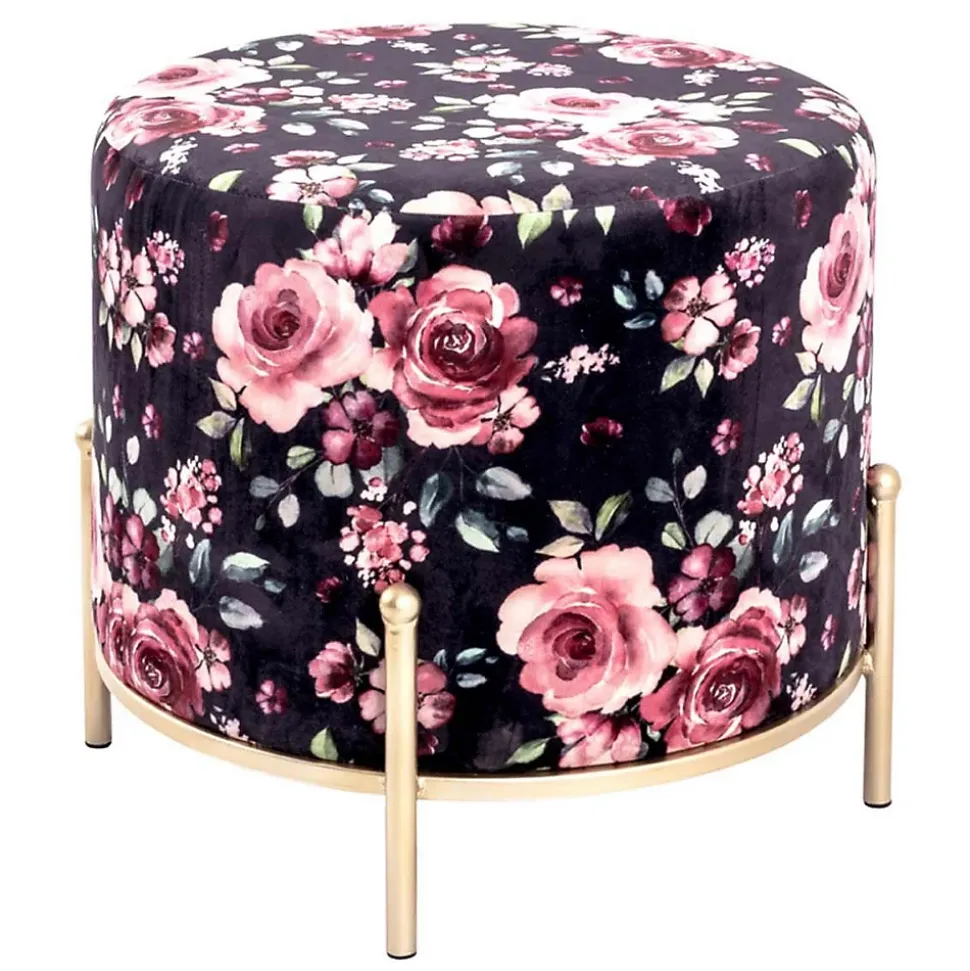 Tabouret en Velours "Motif Fleurs" 48cm Noir & Rose
