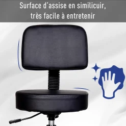 Tabouret massage à roulettes réglable en hauteur pivotant avec dossier ergonomique noir
