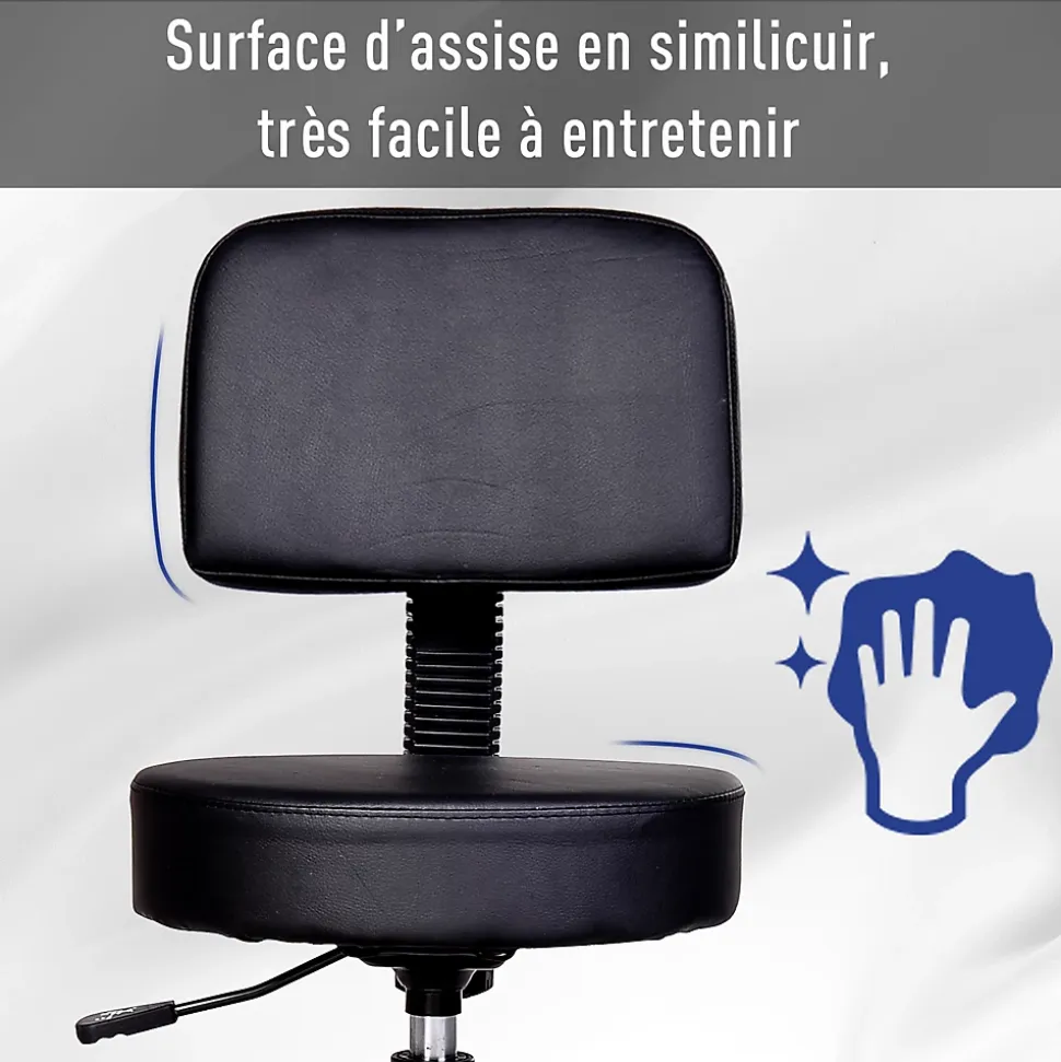 Tabouret massage à roulettes réglable en hauteur pivotant avec dossier ergonomique noir