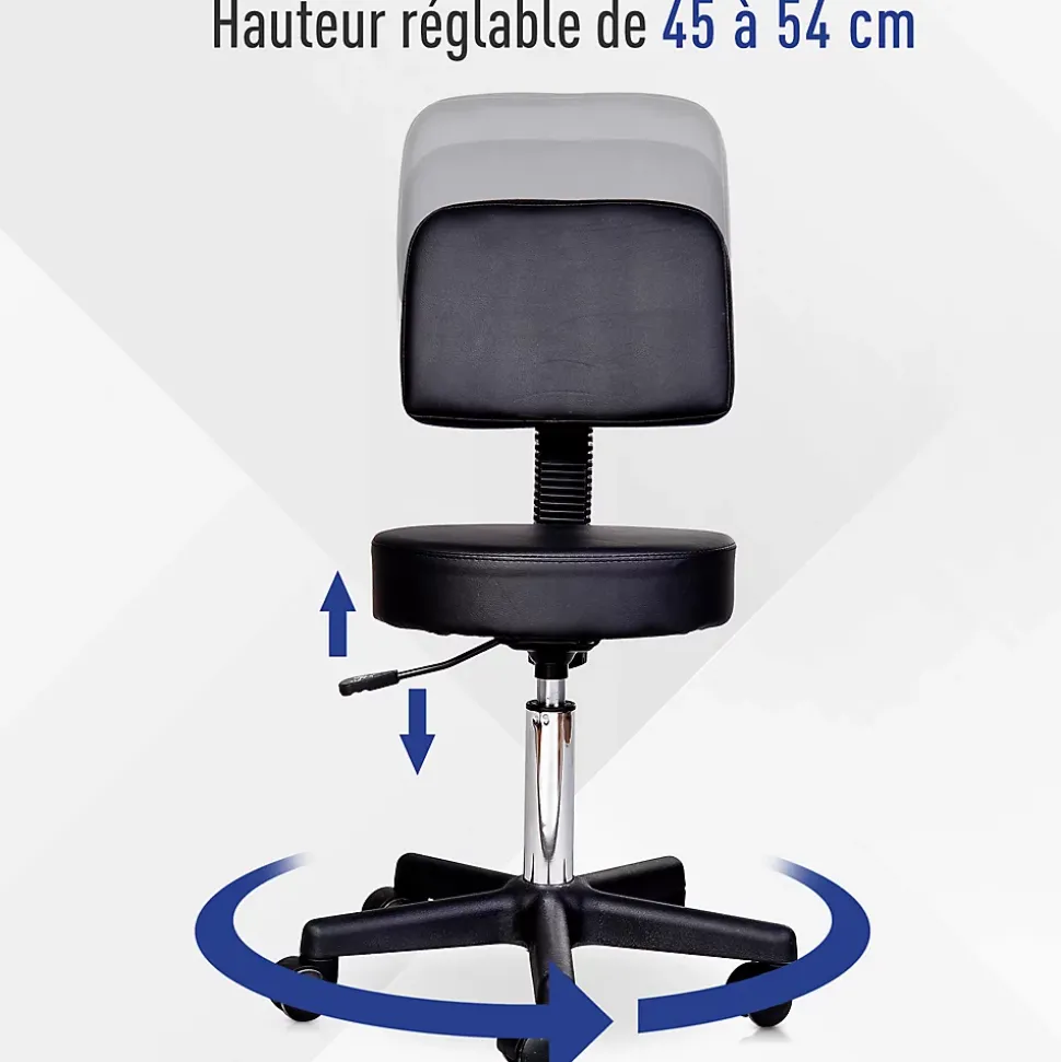 Tabouret massage à roulettes réglable en hauteur pivotant avec dossier ergonomique noir