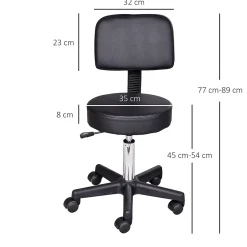 Tabouret massage à roulettes réglable en hauteur pivotant avec dossier ergonomique noir