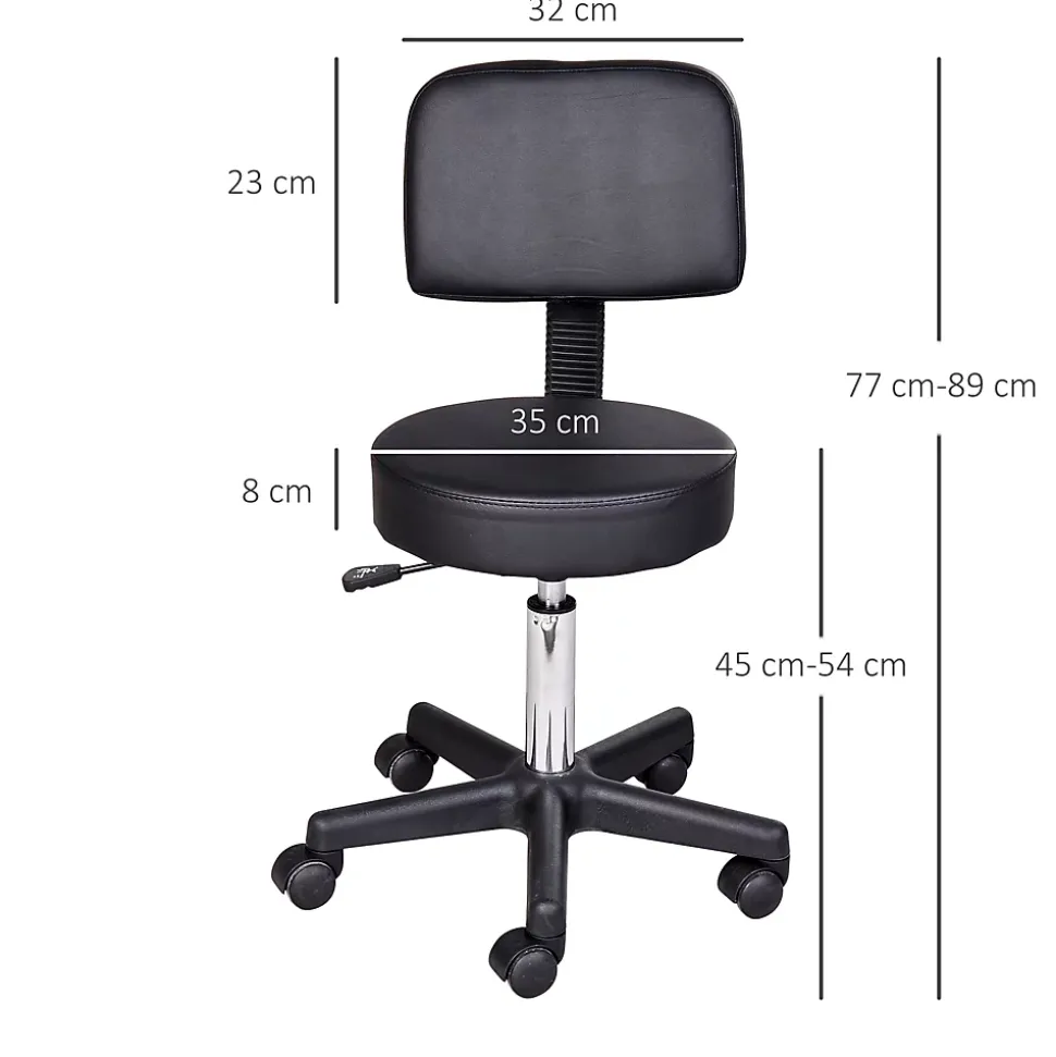Tabouret massage à roulettes réglable en hauteur pivotant avec dossier ergonomique noir