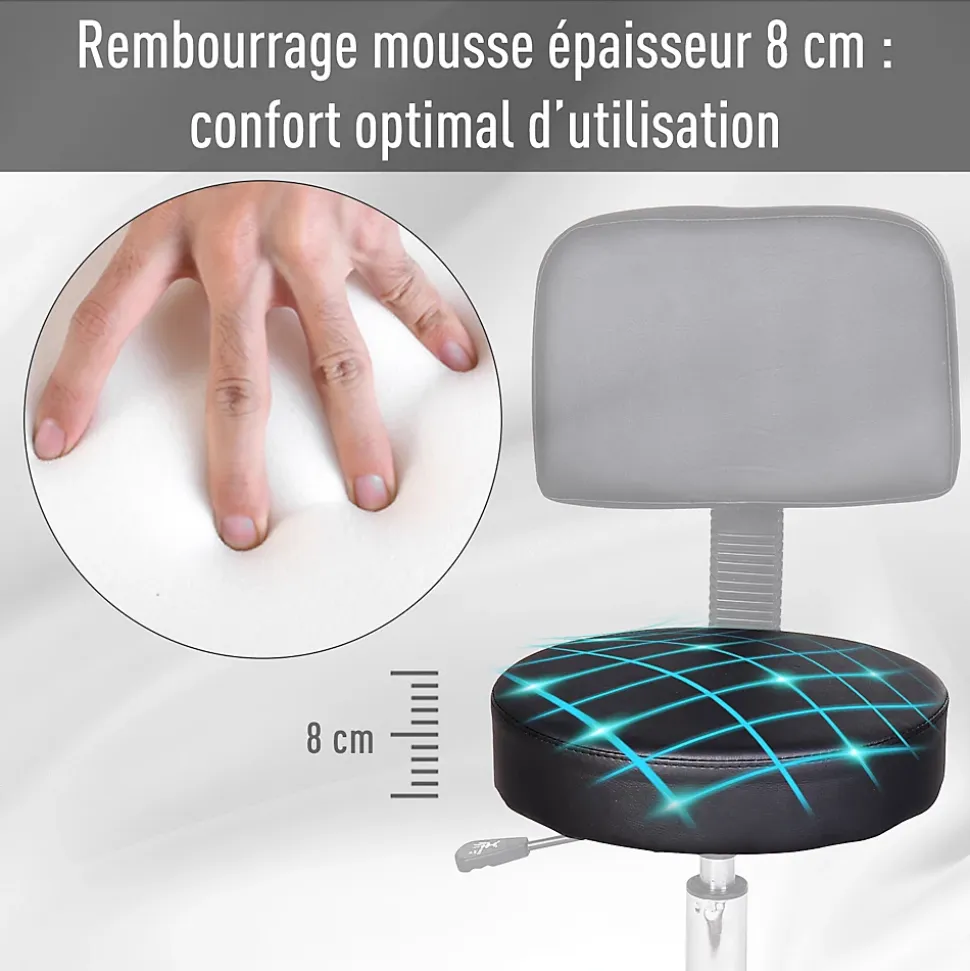 Tabouret massage à roulettes réglable en hauteur pivotant avec dossier ergonomique noir