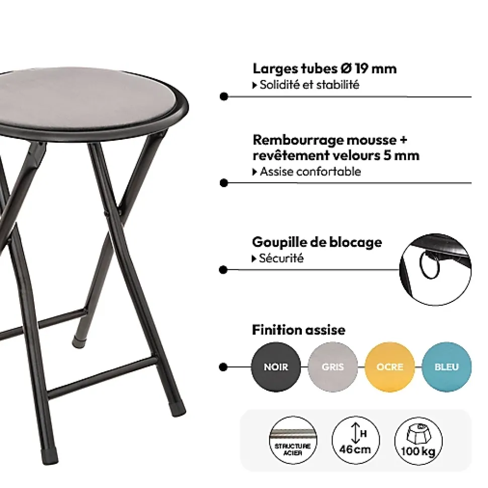 Tabouret pliant Velours Gris - 5Five