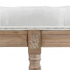 Tabouret repose-pied capitonné style classique - bois d'hévéa sculpté, patiné - revêtement aspect lin crème