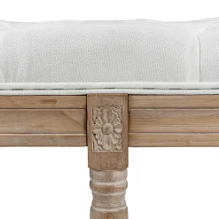 Tabouret repose-pied capitonné style classique - bois d'hévéa sculpté, patiné - revêtement aspect lin crème