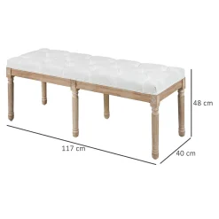 Tabouret repose-pied capitonné style classique - bois d'hévéa sculpté, patiné - revêtement aspect lin crème