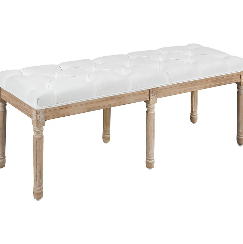 Tabouret repose-pied capitonné style classique - bois d'hévéa sculpté, patiné - revêtement aspect lin crème