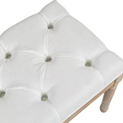 Tabouret repose-pied capitonné style classique - bois d'hévéa sculpté, patiné - revêtement aspect lin crème
