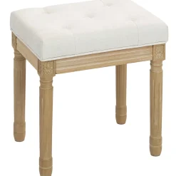 Tabouret repose-pied capitonné style classique bois sculpté patiné tissu toucher lin beige