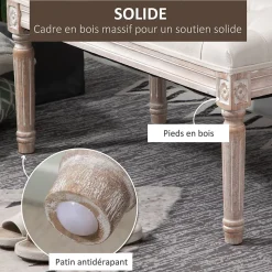 Tabouret repose-pied capitonné style classique - bois d'hévéa sculpté, patiné - revêtement aspect lin beige