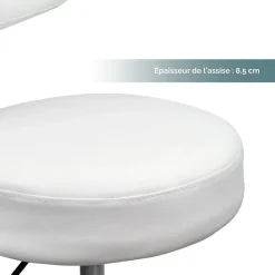 Tabouret rond à roulettes avec dossier réglable en hauteur de 50 à 64 cm et pivotable - Blanc - Vivezen
