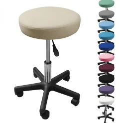 Tabouret rond à roulettes réglable en hauteur de 43.5 à 60.5 cm et pivotable - Beige - Vivezen