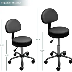 Tabouret rond à roulettes avec dossier réglable en hauteur de 50 à 64 cm et pivotable - Noir - Vivezen