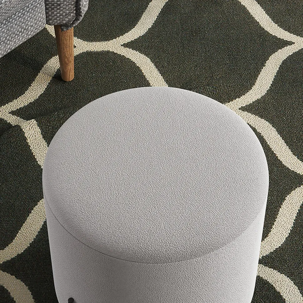 Tabouret rond style contemporain châssis piètement acier noir assise aspect velours gris clair