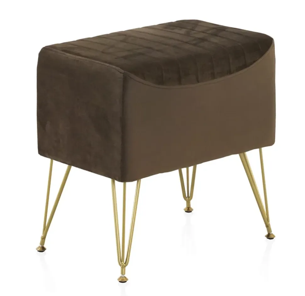 Tabouret tapissé en tissu velours marron avec pieds dorés