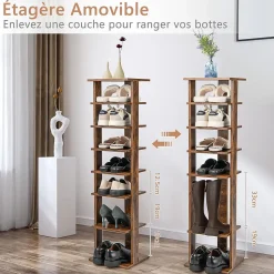 étagère à Chaussures à 7 Niveaux en Bois Range Chaussures Vertical et Compact en Hauteur Différente Organisateur de Rangement